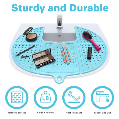 Bathroom Counter Cover & Storage Saver, Foldable Mat for Hot Tools, Hair Styling & Makeup, Beauty Brush Cleaning Mat, RV Camper Sink Cover & for Small Spaces (Standard Pacific Blue)