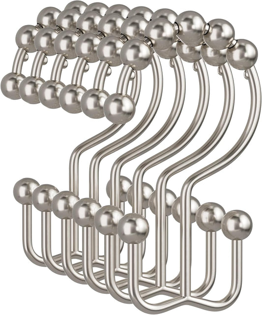 Shower Curtain Rings, Rust-Resistant Metal Double Shower Hooks for Curtain Rolling Shower Curtain Hooks Rings Shower Rings for Bathroom Shower Curtain Rod , Nickel, Set of 12 Rings