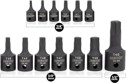 10281B Impact Torx Bit Socket Set 13 Piece 6 Point Star Sockets Heavy Duty Impact Grade Cr-Mo T10 to T60 High Impact ABS Blow Molded Storage Case