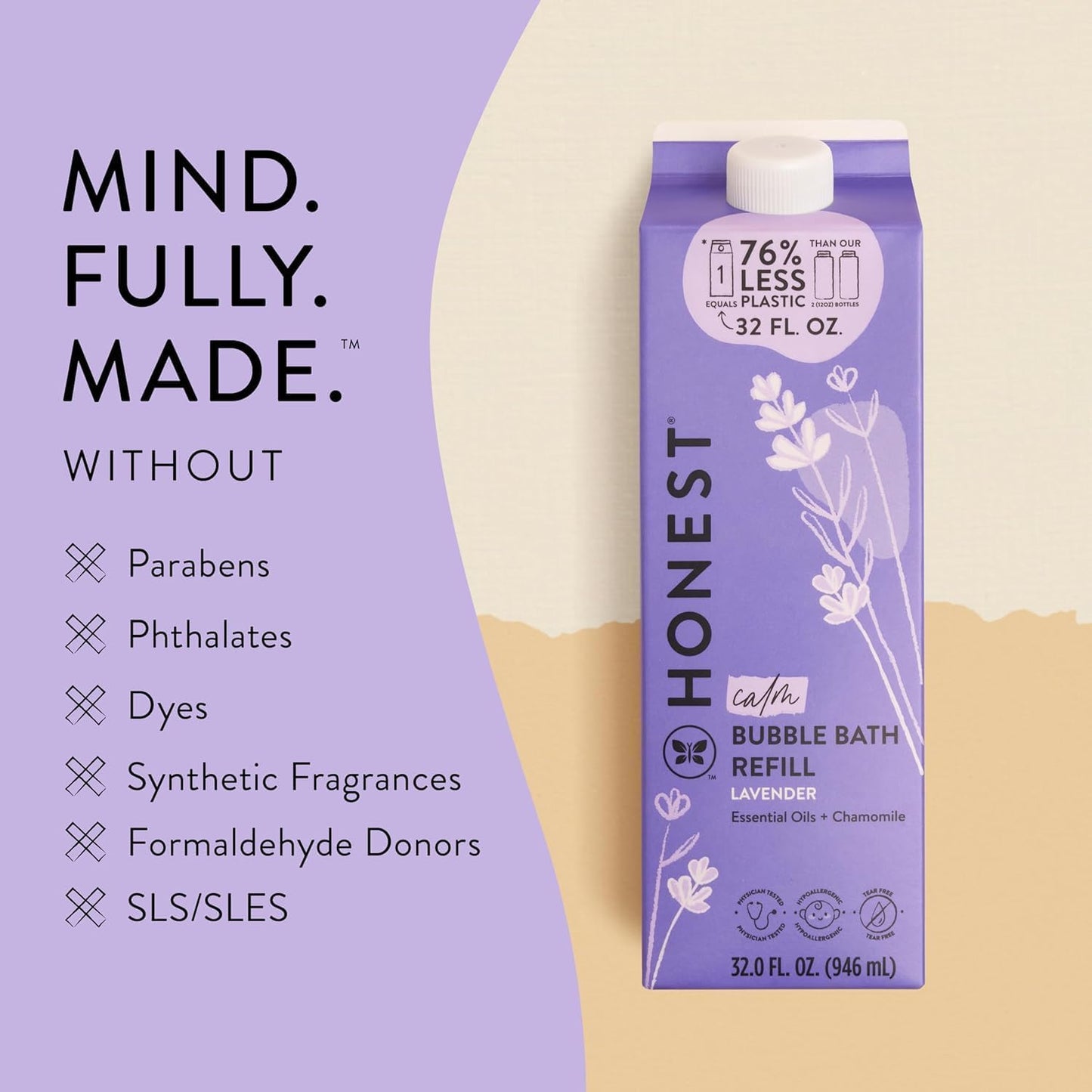 The Honest Company Foaming Bubble Bath Refill, Lavender Calm Scent, Tear-Free, Hypoallergenic, Naturally Derived, Gentle for Baby, 32 Fl Oz