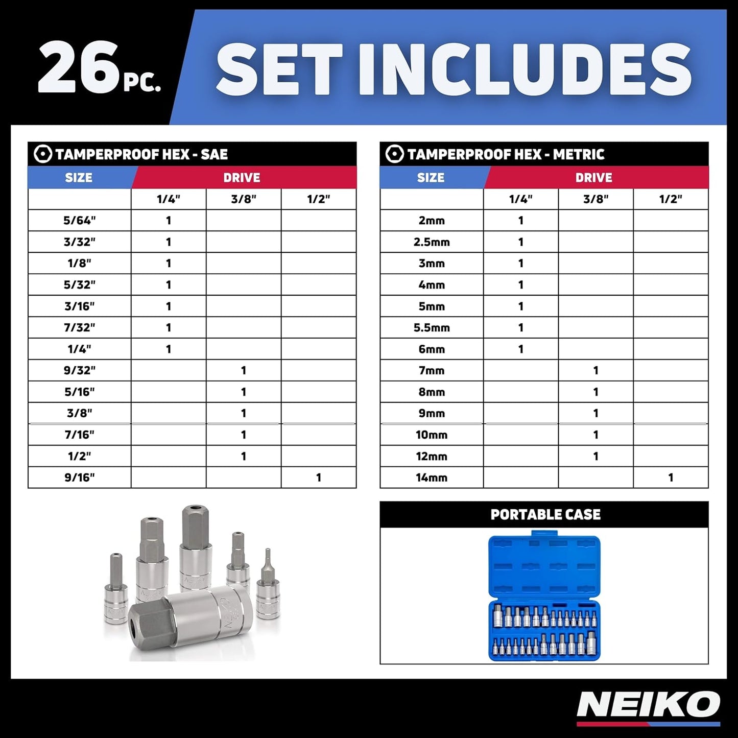 01144A Tamper-Proof Hex Bit Socket Set, 26 Pieces | SAE 5/64-9/16”, Metric 2-14MM